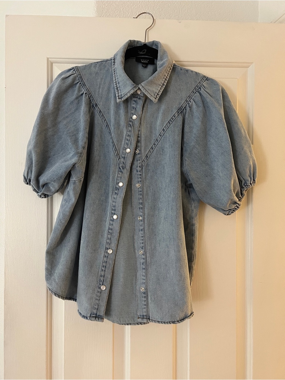 Vici Light Wash Denim Puff Sleeve Button-Up Top